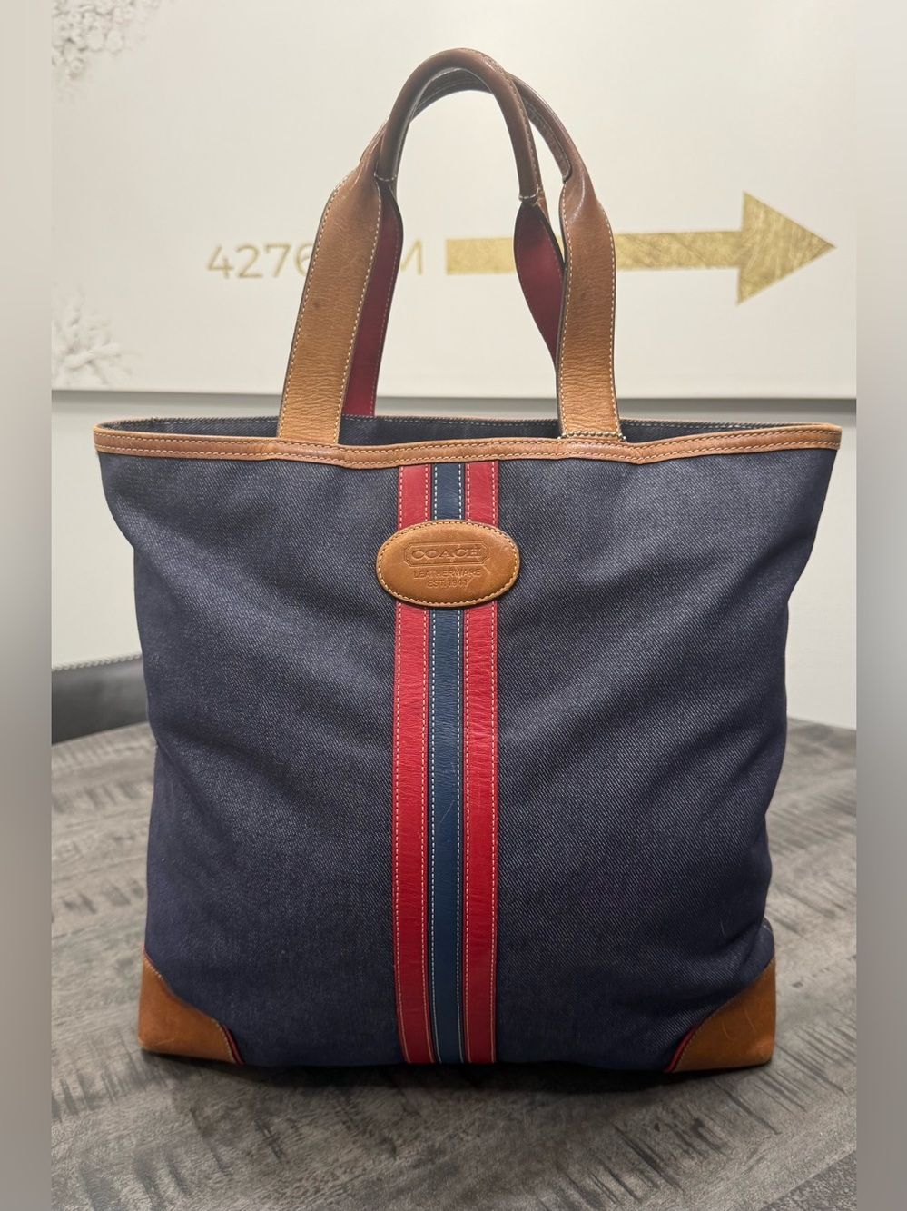 VINTAGE/Coach Navy Canvas Tote with Red and Blue Stripe and Brown Leather Trim